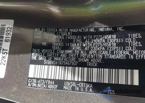 2007 Toyota Tundra Sr5 5.7L V8 from USA, damaged, VIN 5TBBV541X7S467937